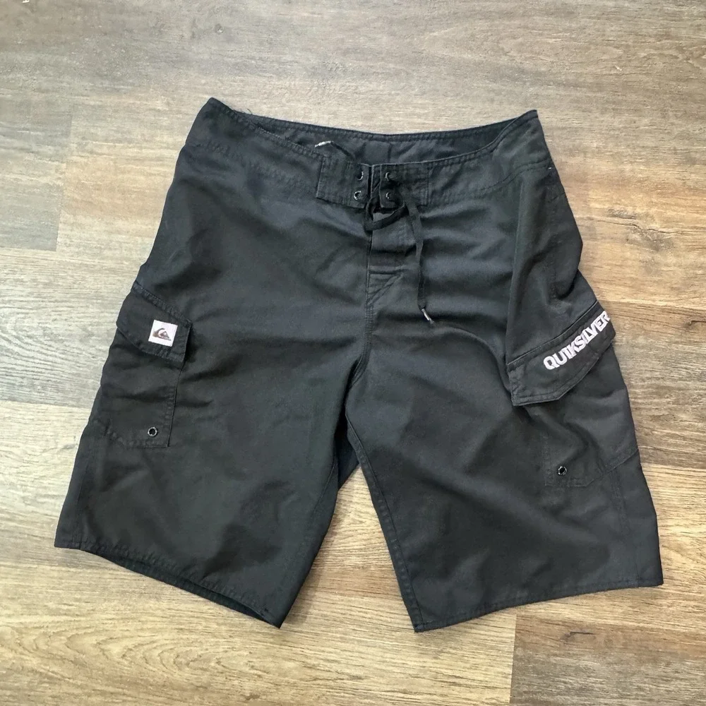 Quicksilver Black Cargo Board Shorts Swim Trunks Mens‎ Surfer Skater